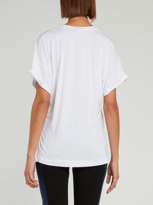 White Logo Statement V-Neck Loose Shirt