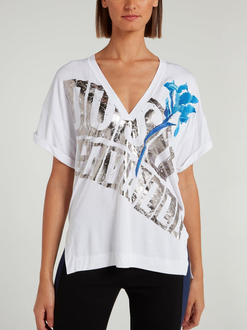 White Logo Statement V-Neck Loose Shirt