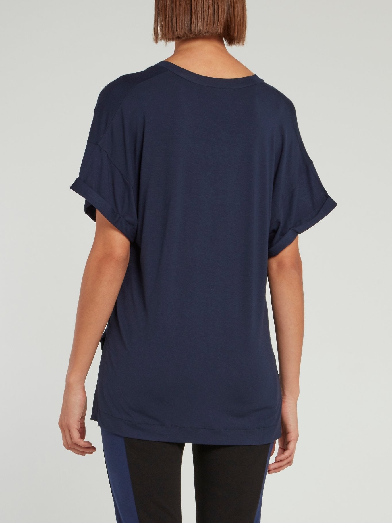 Navy Logo Statement V-Neck Loose Shirt