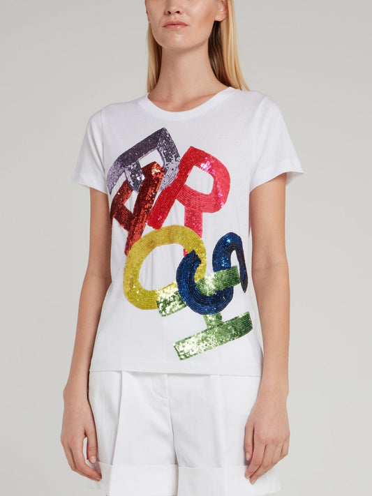 Logo Sequin Embellished Cotton T-Shirt