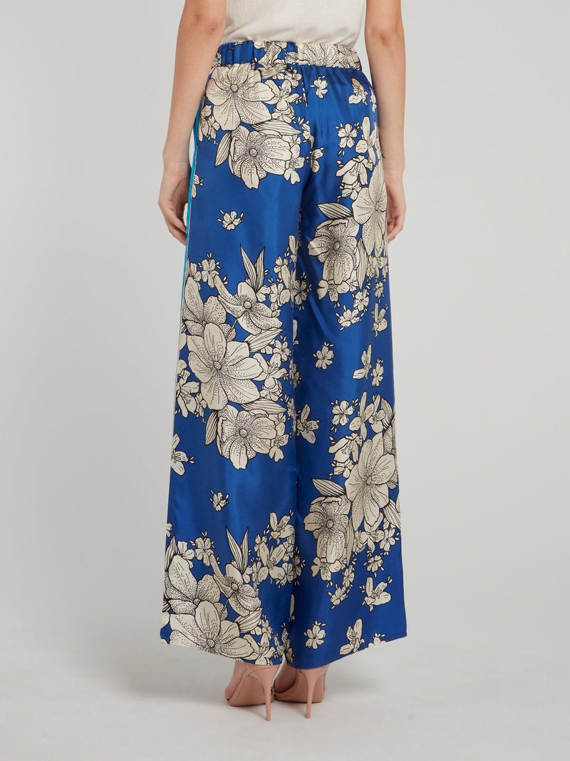 Blue Floral Sketch Silk Palazzo Pants