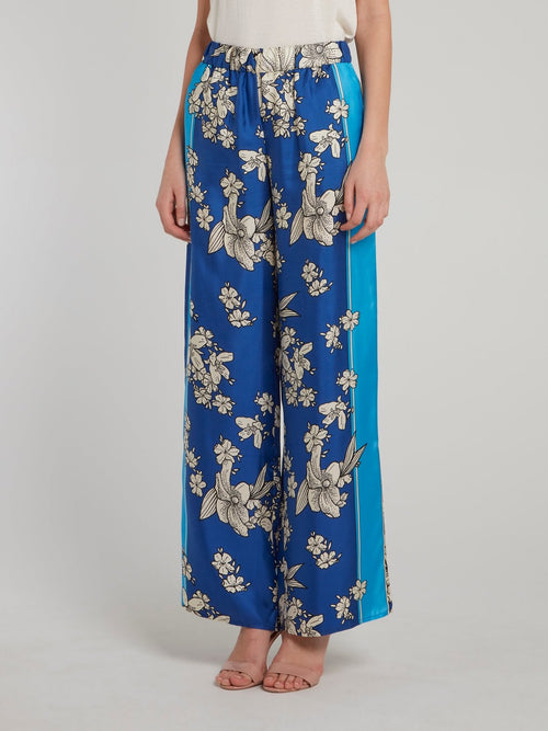 Blue Floral Sketch Silk Palazzo Pants