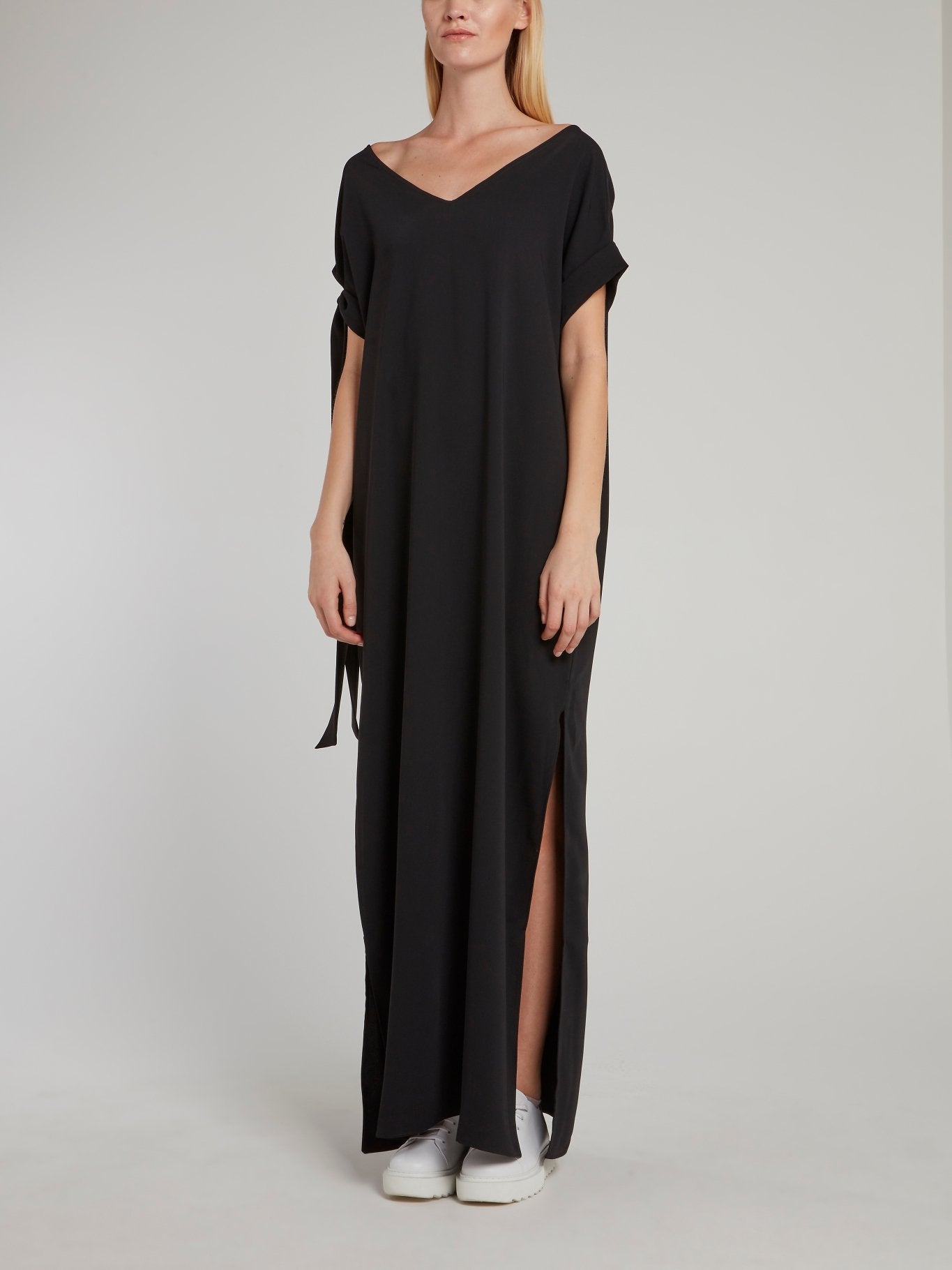 Black Tie Sleeve High Slit Maxi Dress