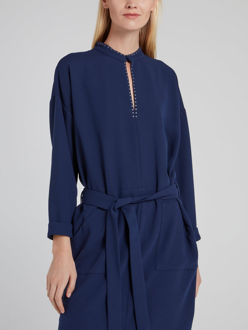 Navy Tie Front Keyhole Midi Dress