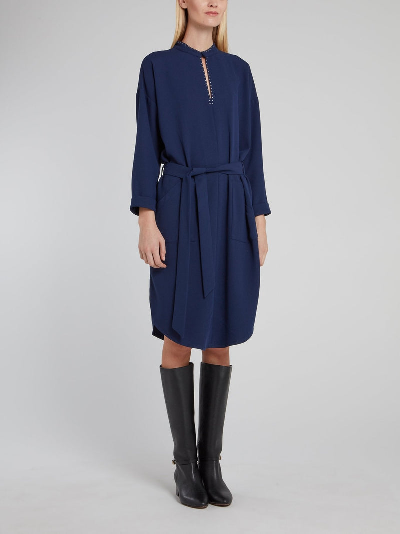 Navy Tie Front Keyhole Midi Dress