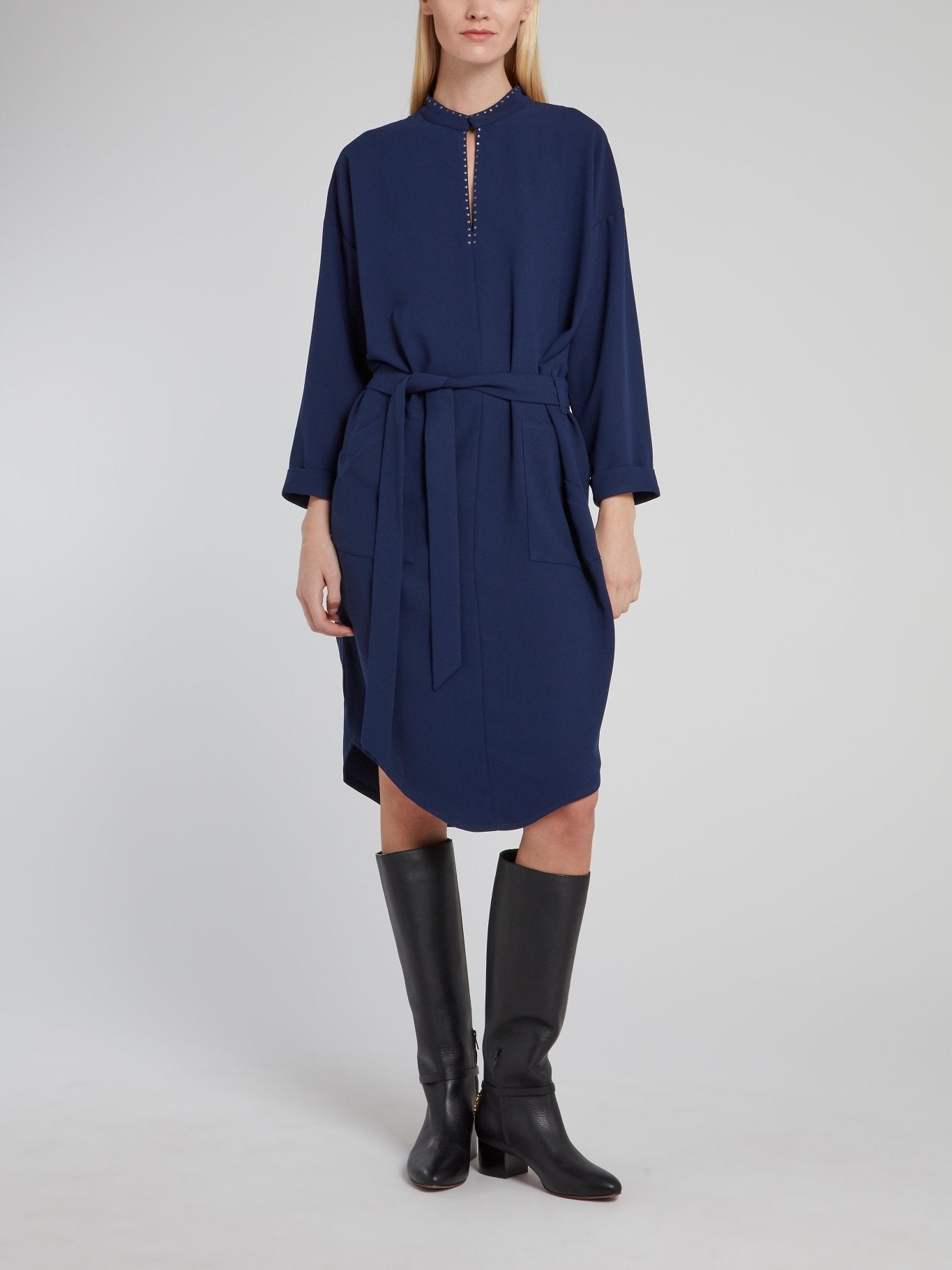 Navy Tie Front Keyhole Midi Dress