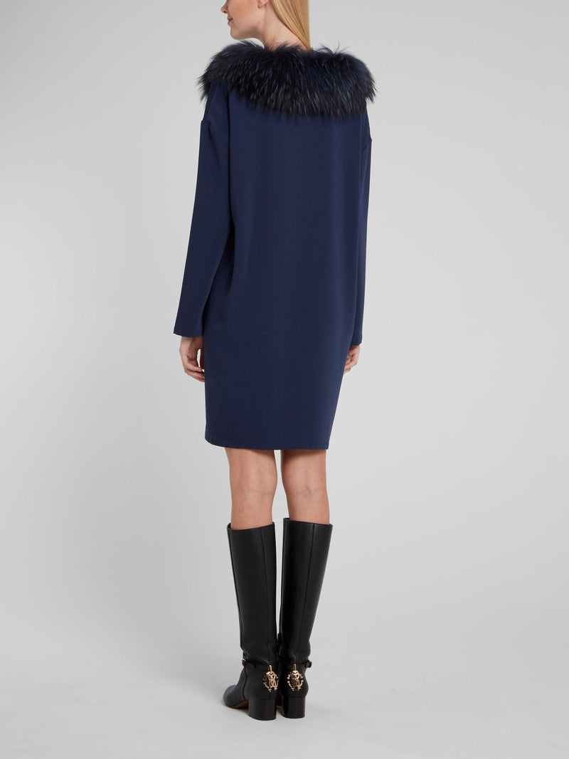 Navy Raccoon Fur Collar Shift Dress