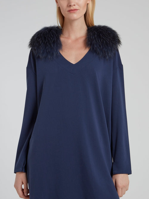 Navy Raccoon Fur Collar Shift Dress