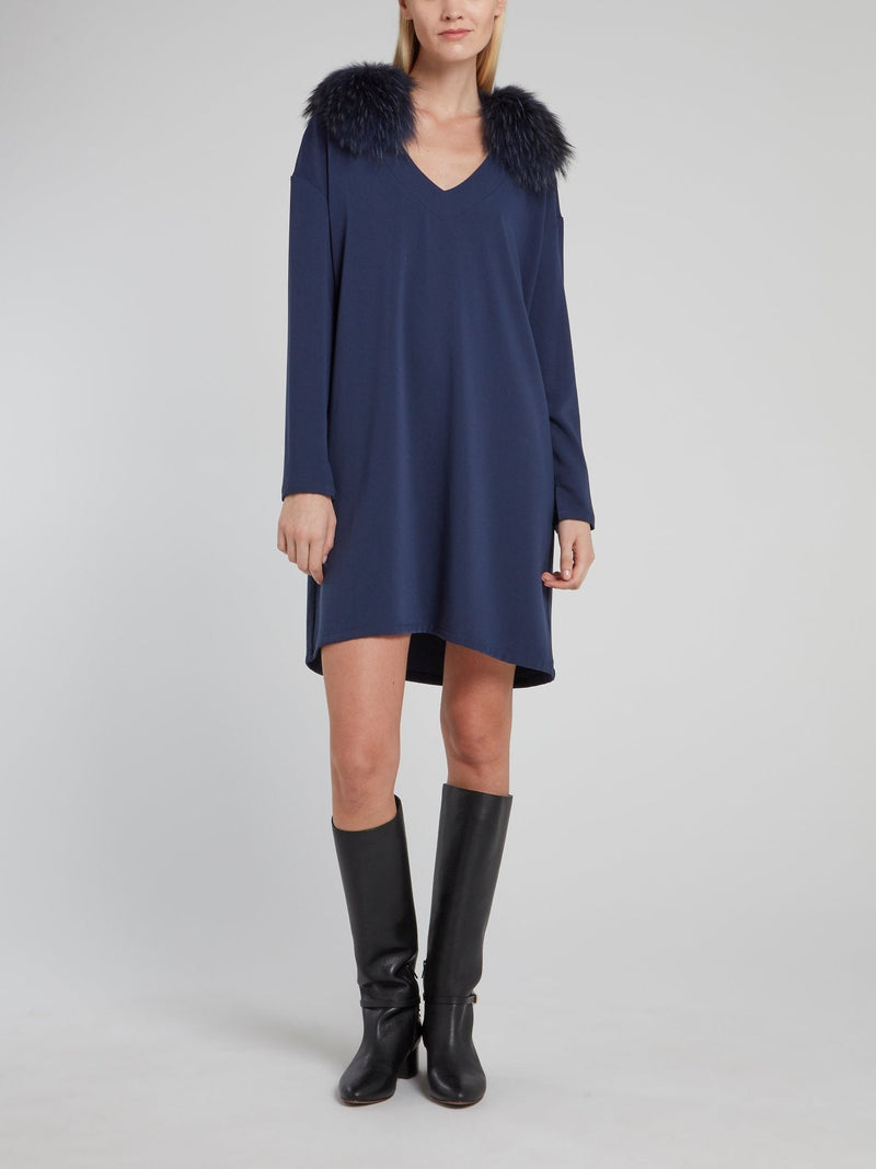 Navy Raccoon Fur Collar Shift Dress