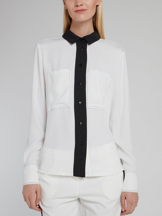 White Contrast Detail Long Sleeve Top