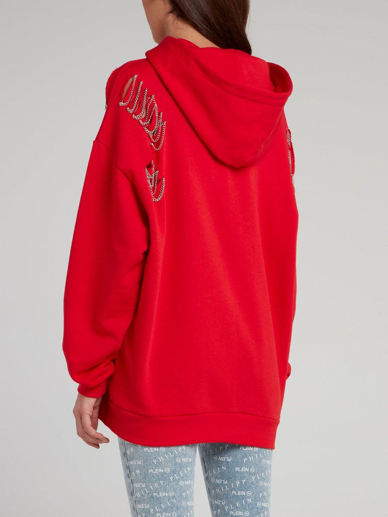 Red Chain Embellished Logo Hoodie