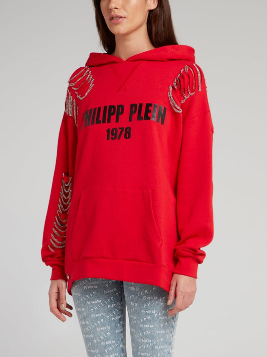 Red Chain Embellished Logo Hoodie