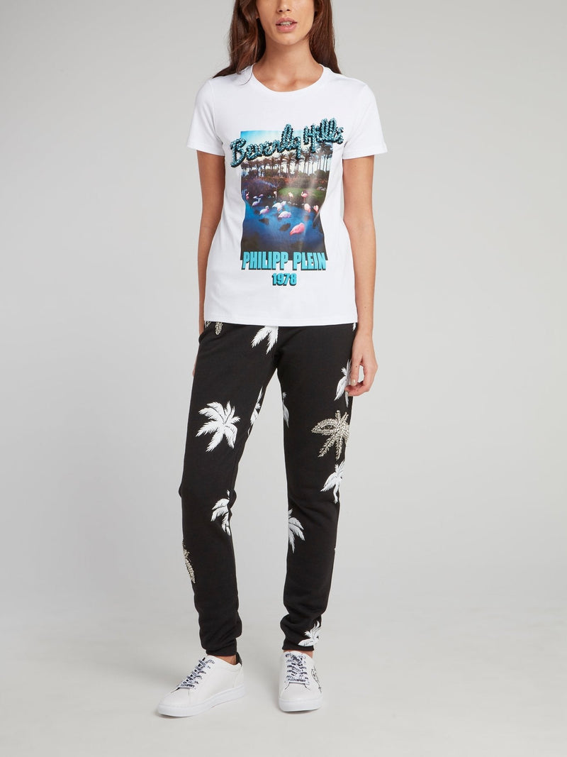 White Embellished Graphic Print T-Shirt