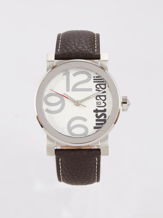White Dial with Brown Leather Strap Logo Watch