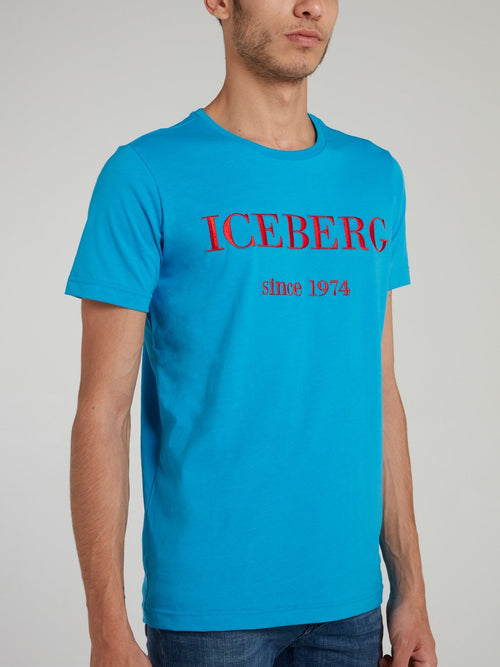 Blue Logo Embroidered Cotton T-Shirt