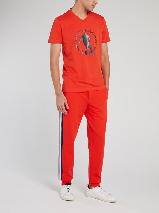 Orange Sport Print V-Neck T-Shirt