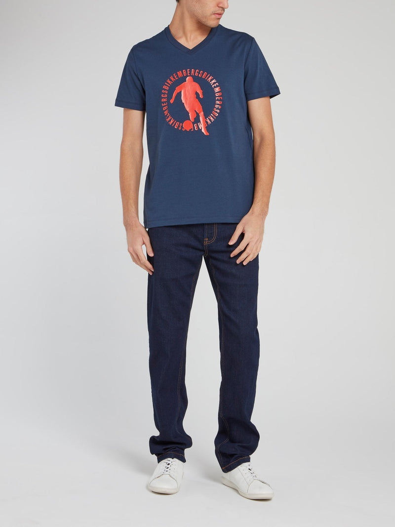 Navy Sport Print V-Neck T-Shirt