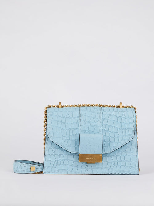 Carrie Blue Crocodile Embossed Leather Shoulder Bag