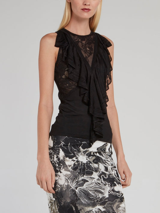 Black Lace Panel Cascade Top