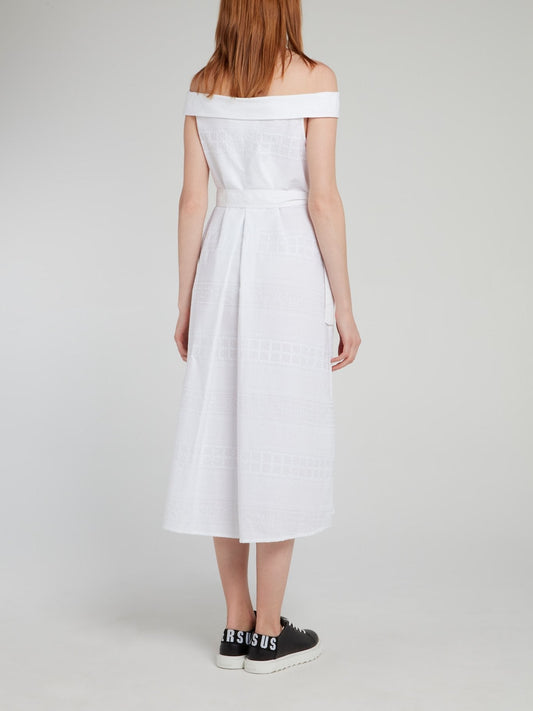 White Off-The-Shoulder Tie Front Midi Dress