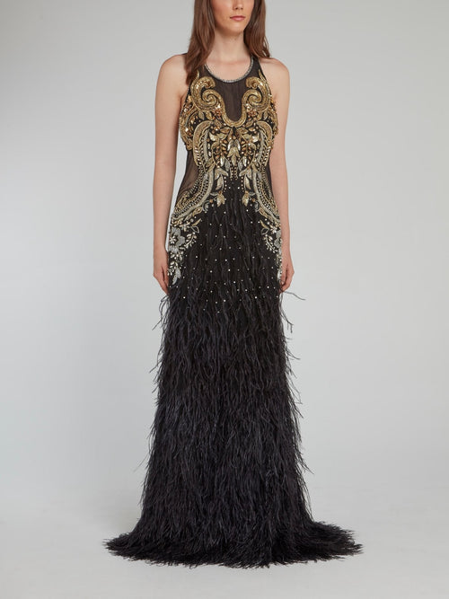 Baroque Embellished Feather Detailed Maxi Dress