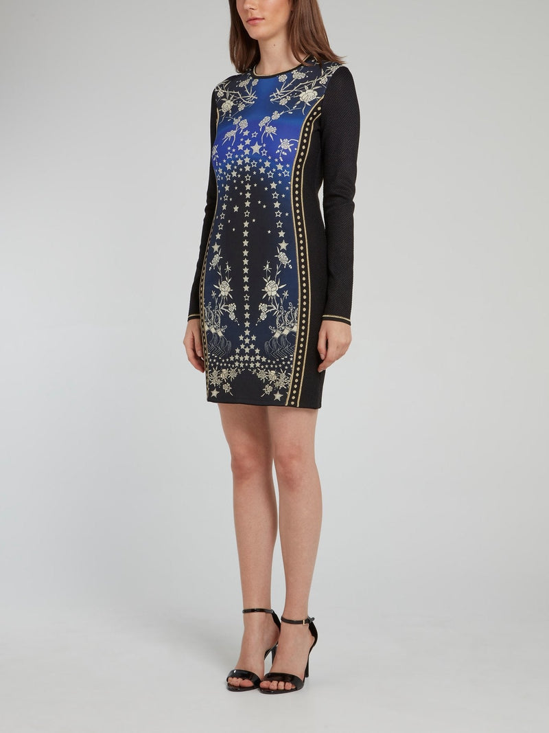 Black Panel Star Print Long Sleeve Mini Dress