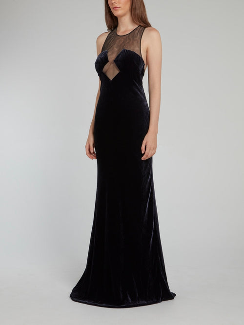 Black Mesh Neckline Velvet Maxi Dress