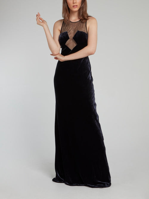 Black Mesh Neckline Velvet Maxi Dress