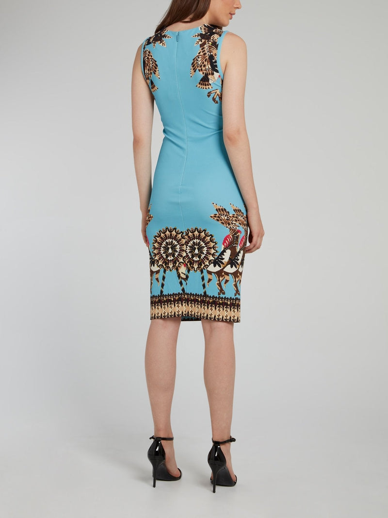 Blue Printed Rear Zip Sheath Dress