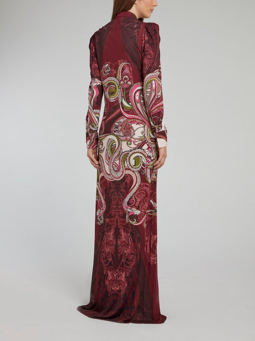 Burgundy Snake Print Button Up Maxi Dress