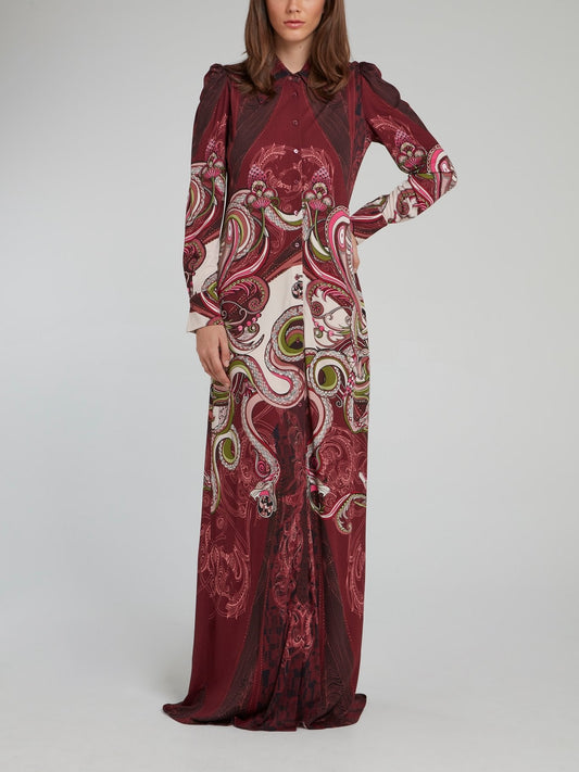 Burgundy Snake Print Button Up Maxi Dress