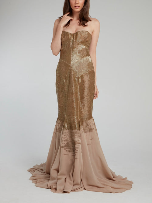 Brown Beaded Strapless Mermaid Gown