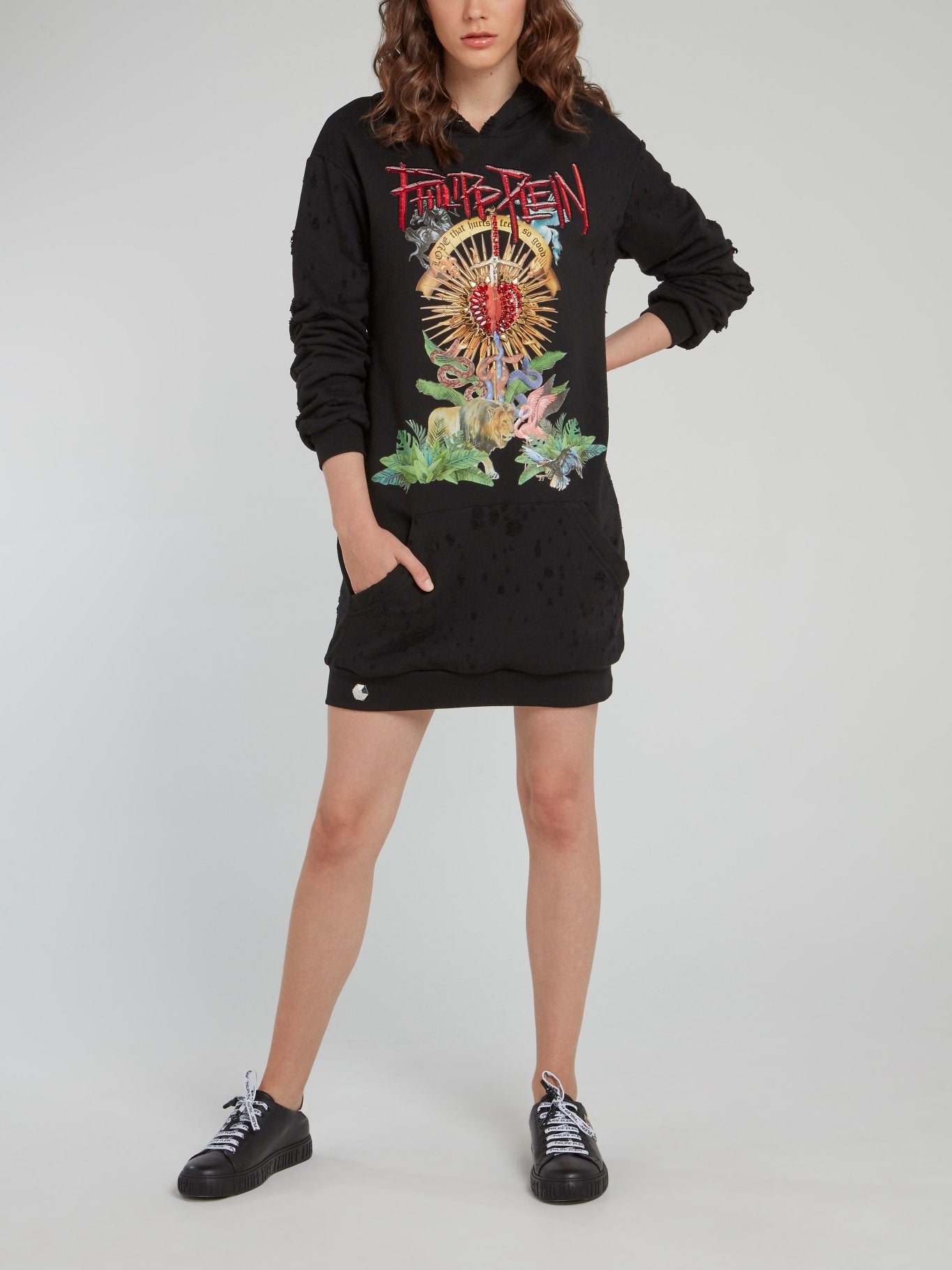 Black Embellished Logo Hoodie Dress