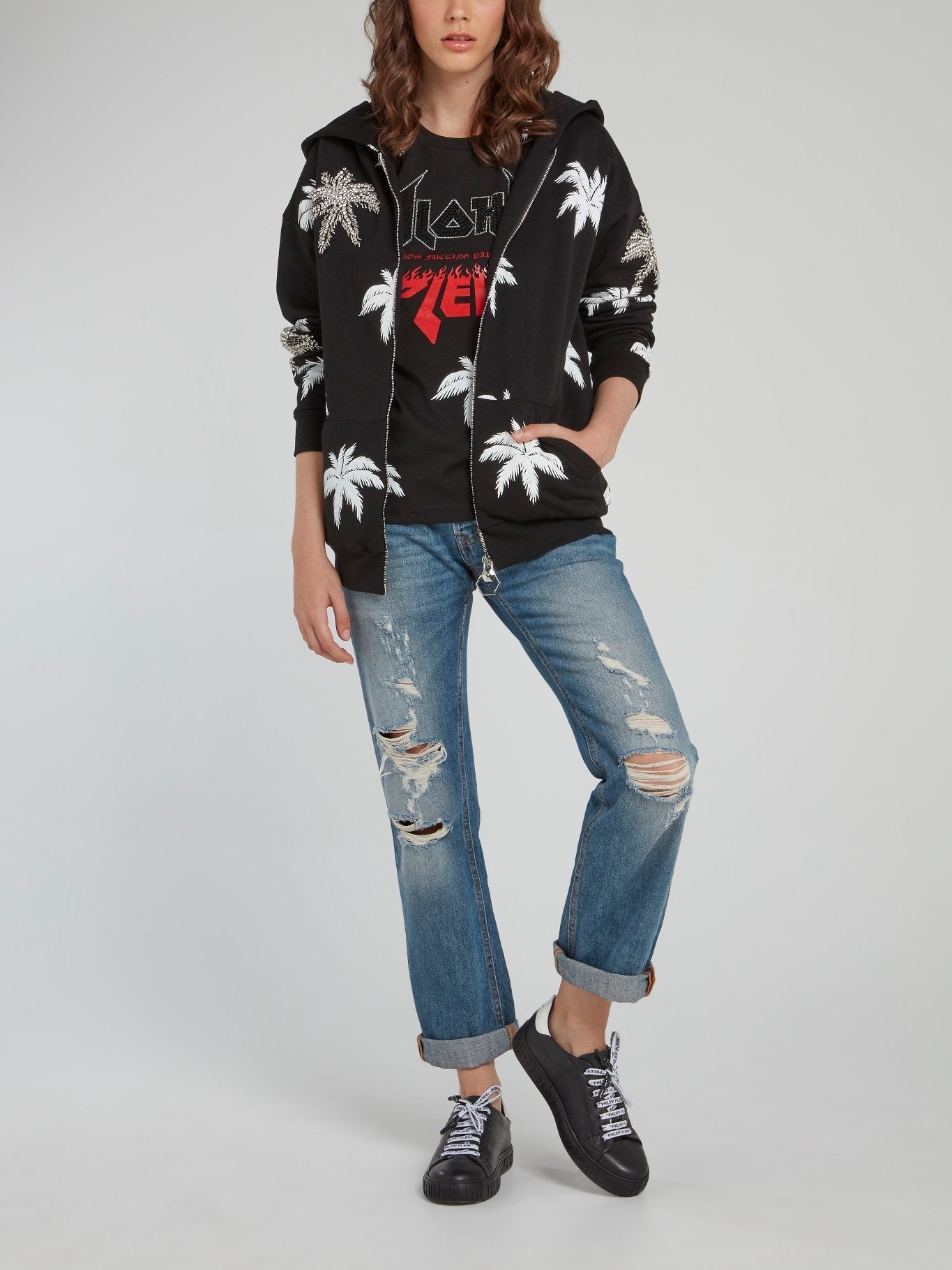 Aloha Plein Black Embellished Hooded Sweatshirt