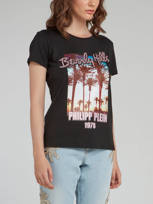 Black Embellished Graphic Print T-Shirt