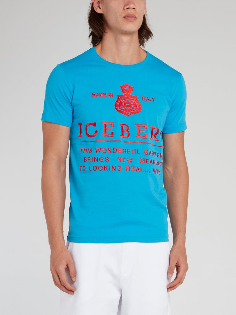 Blue with Red Logo Embroidered Cotton T-Shirt