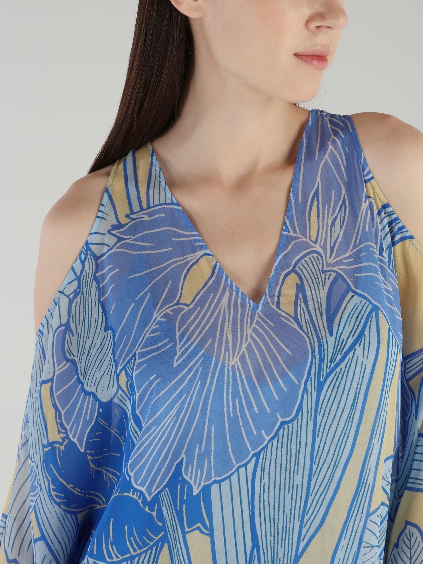 Blue Tropical Cold Shoulder Maxi Dress