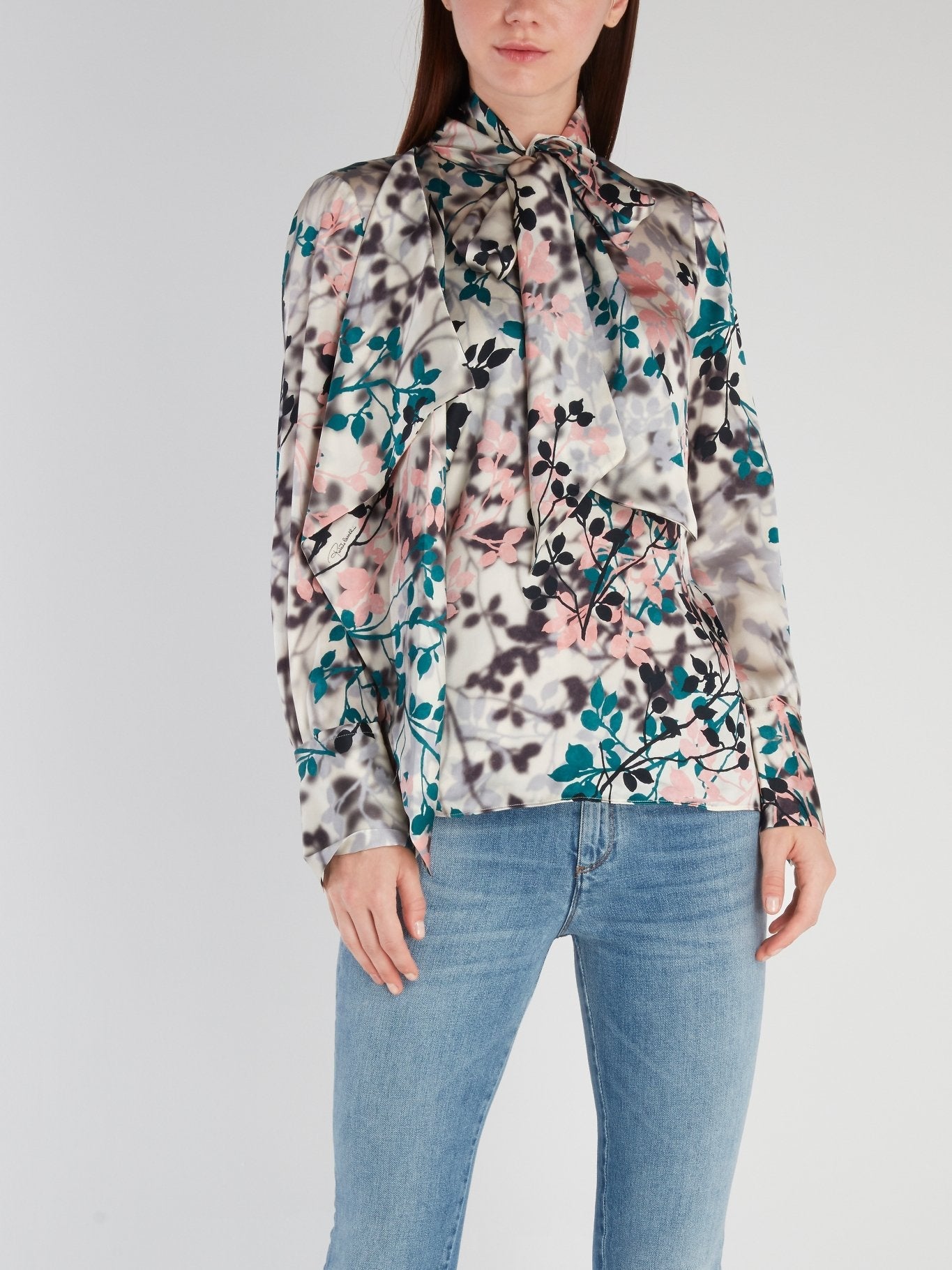 Tie Neck Floral Silk Blouse