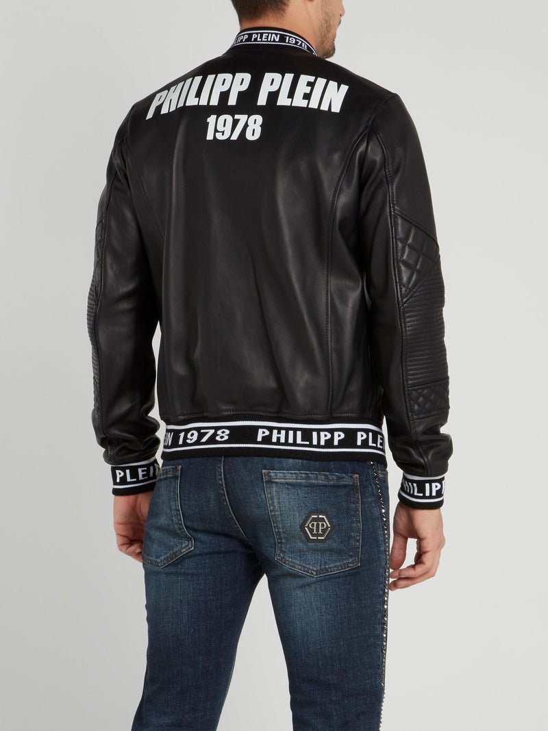 Black Logo Edge Leather Bomber Jacket