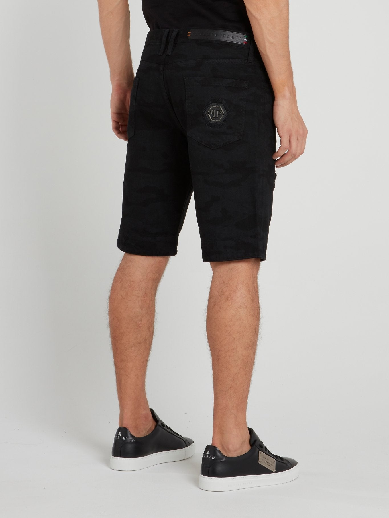 Black Camo Patched Denim Shorts