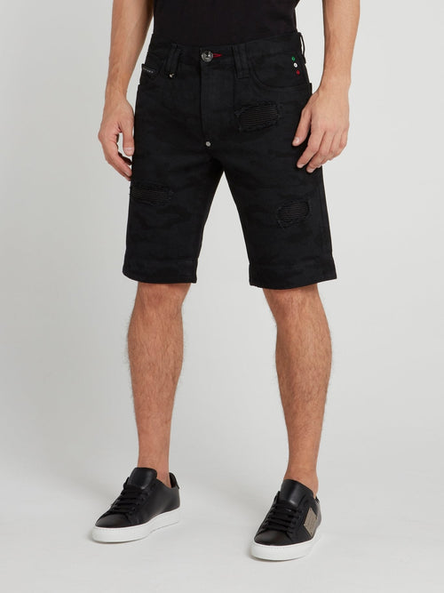 Black Camo Patched Denim Shorts