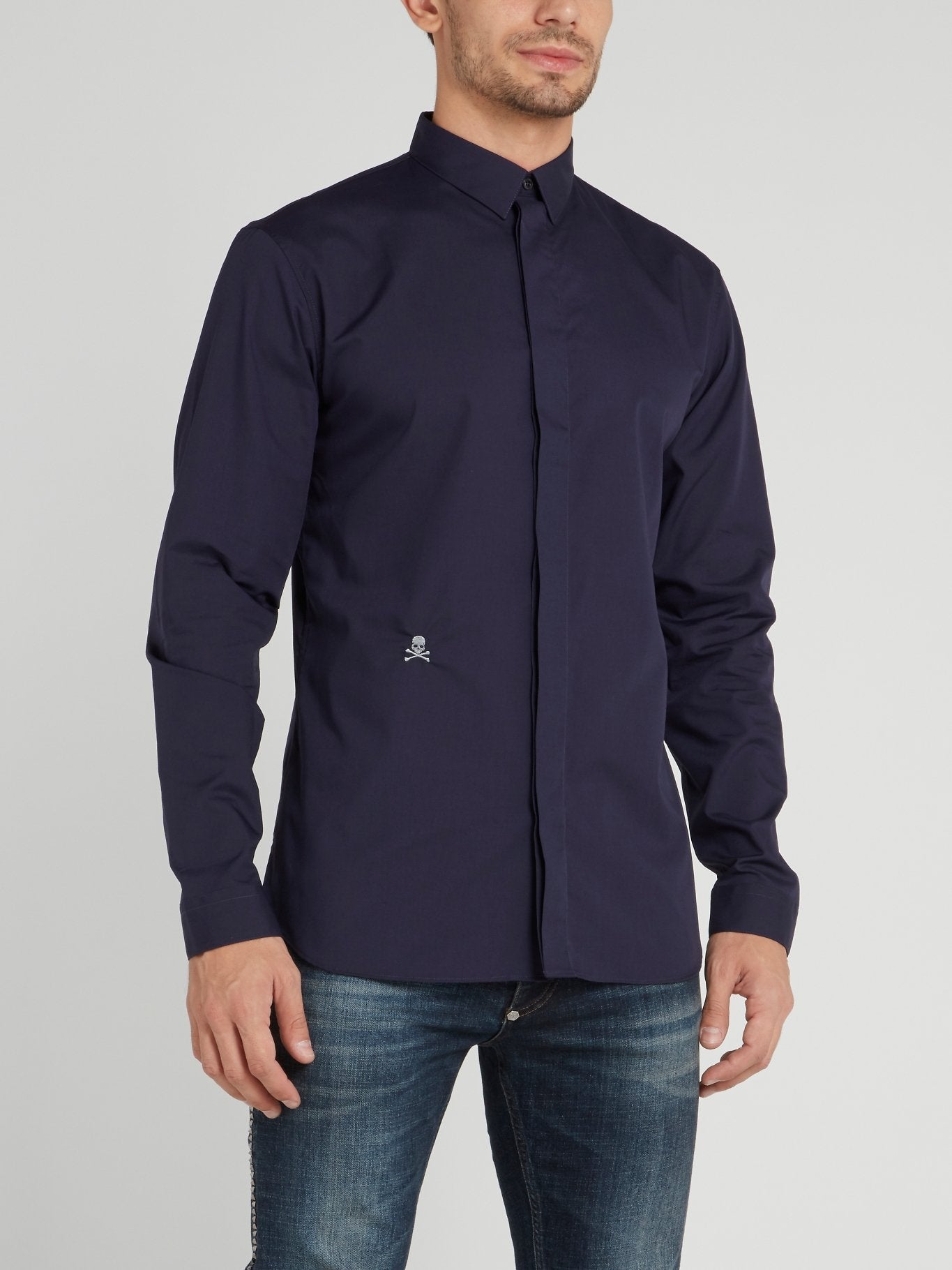 Navy Skull Embroidered Shirt