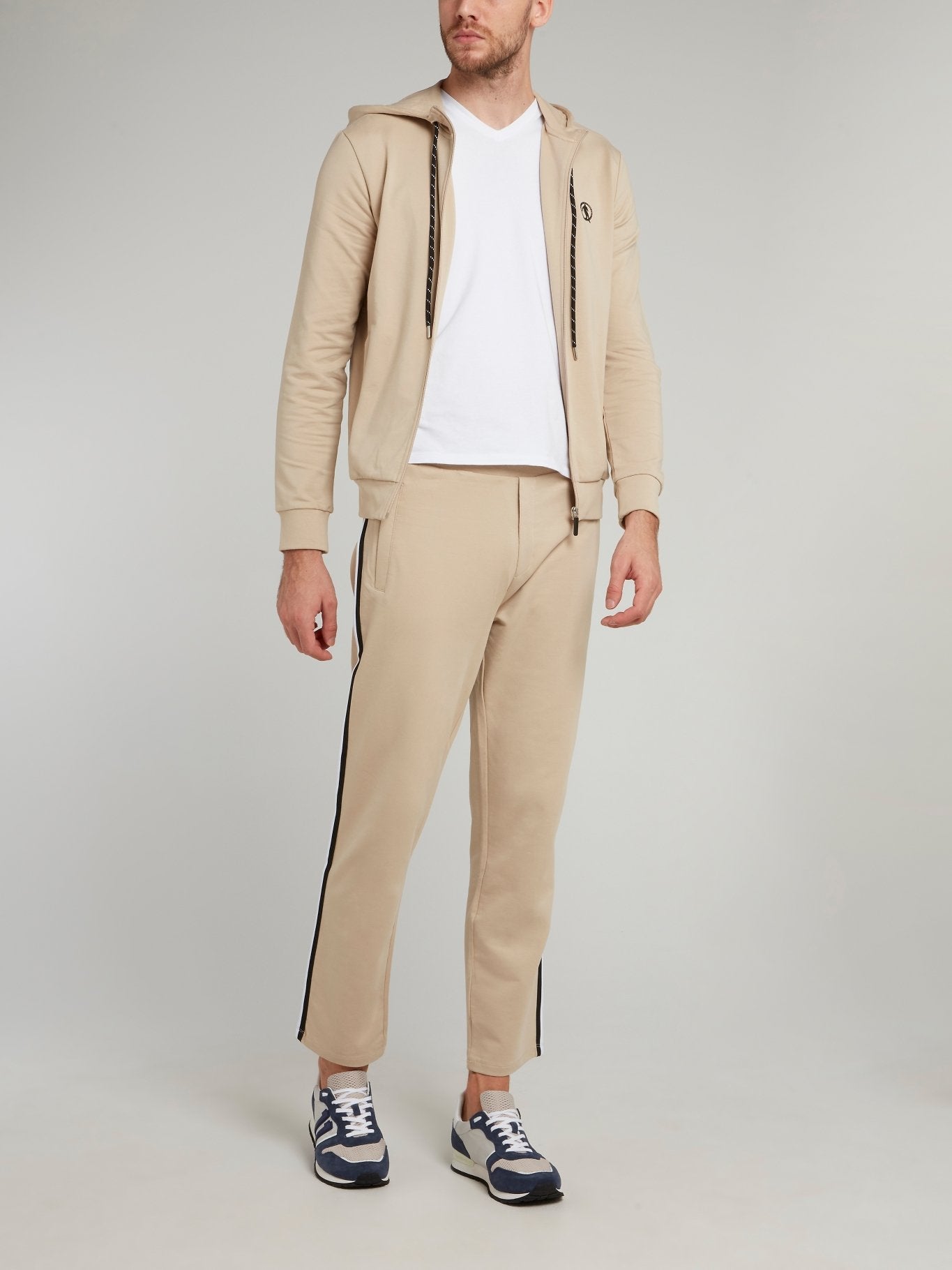 Beige Side Stripe Fleece Pants