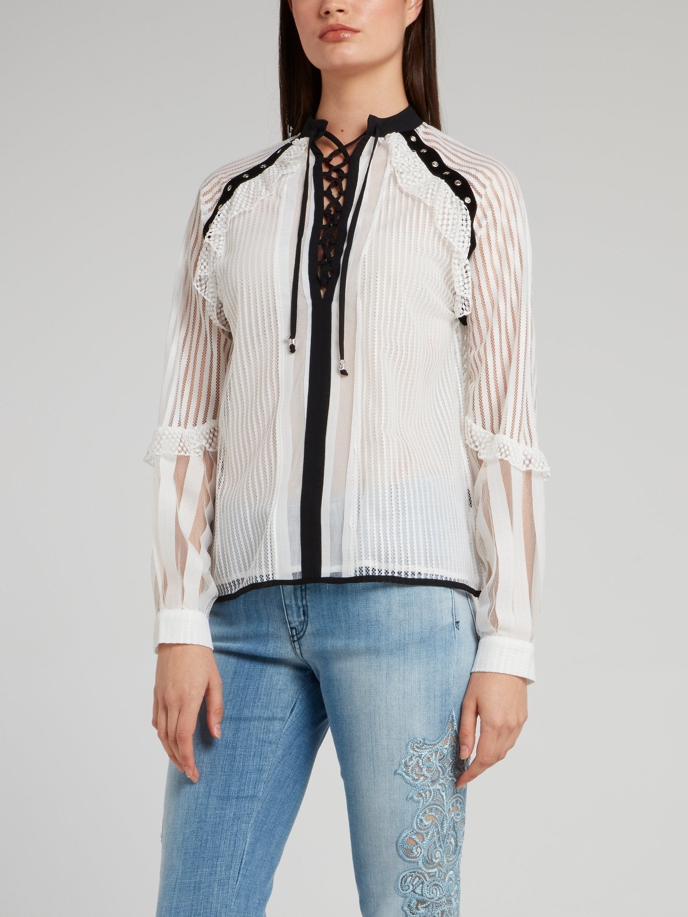 White Net Mesh Lace Up Shirt