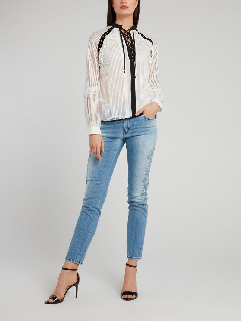 White Net Mesh Lace Up Shirt