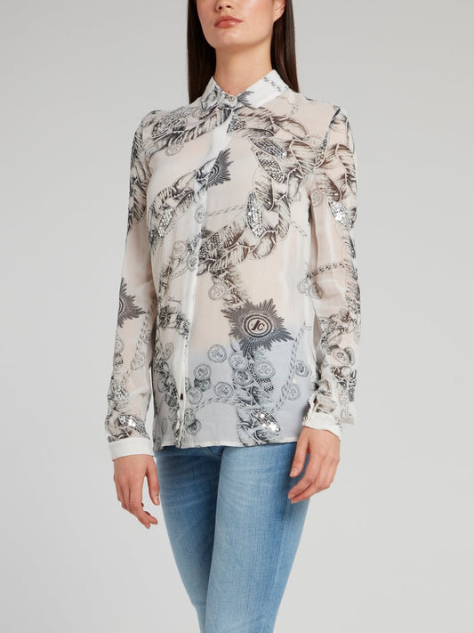 White Chain Print Chiffon Shirt