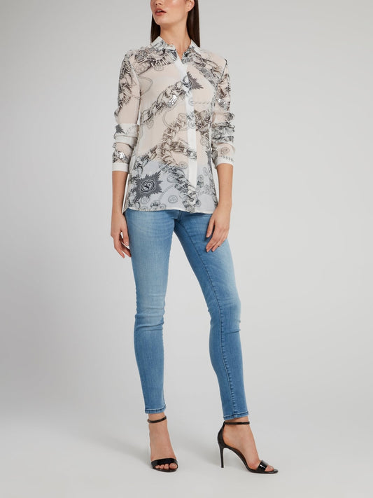 White Chain Print Chiffon Shirt