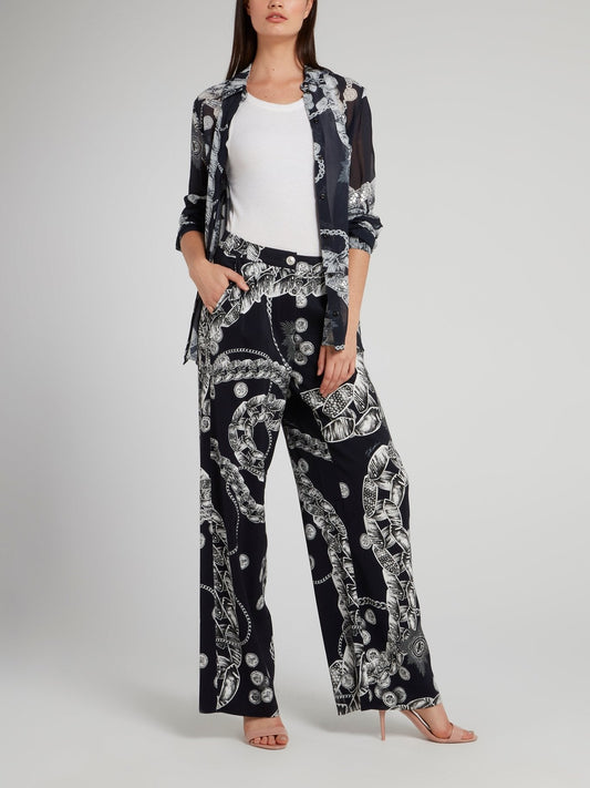 Black Chain Print Wide Leg Pants