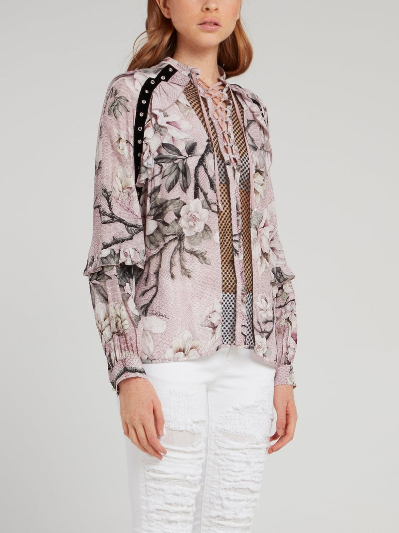 Pink Snake Floral Lace Up Shirt