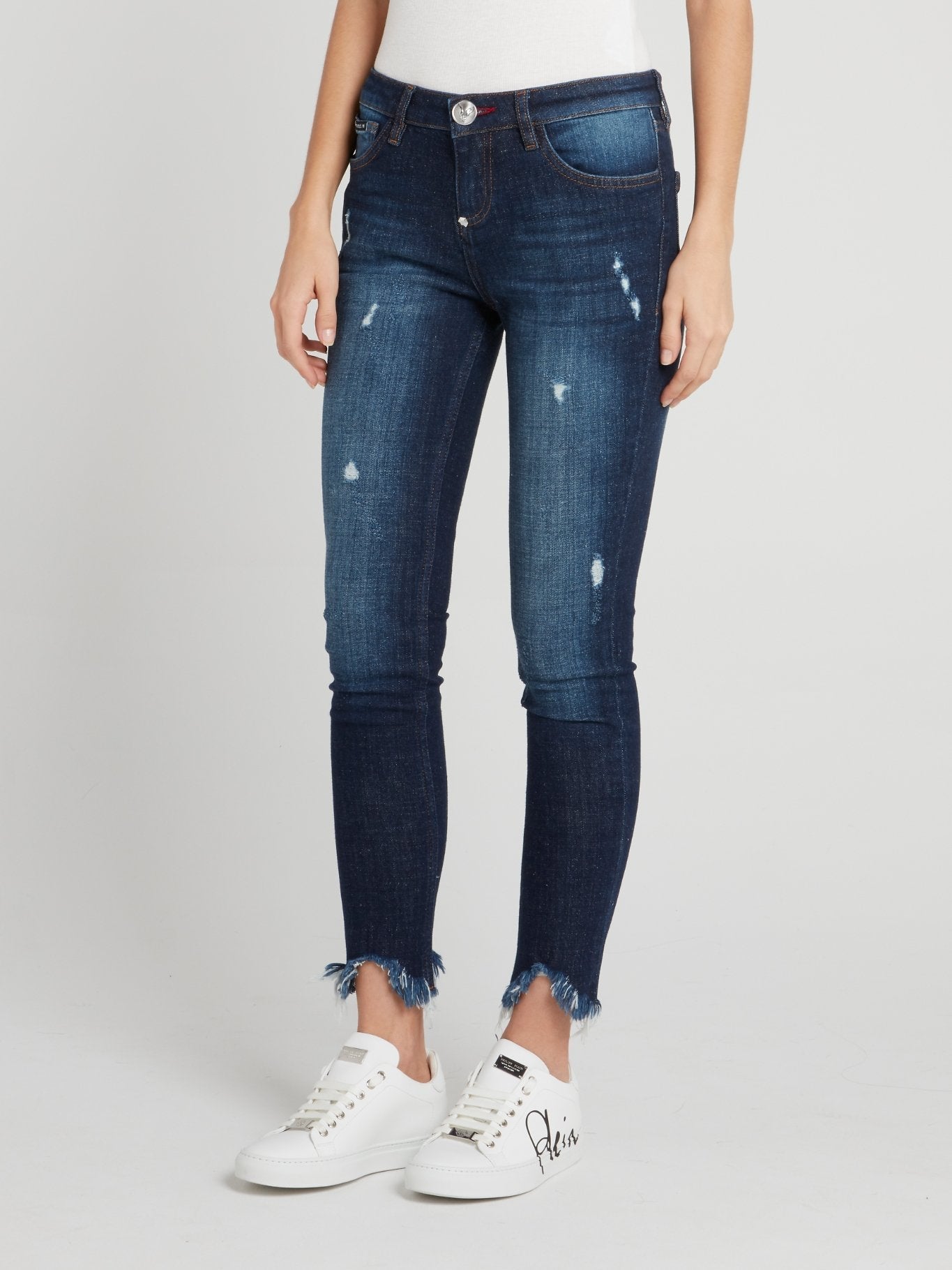 Dark Wash Frayed Skinny Jeans